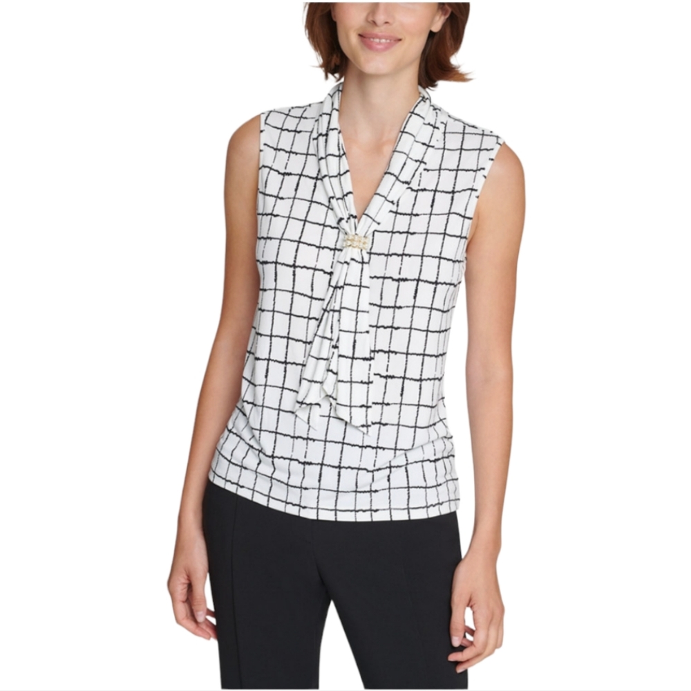 NWT Karl Lagerfeld Paris sleeveless blouse with bead tie detail, XXS, Off White